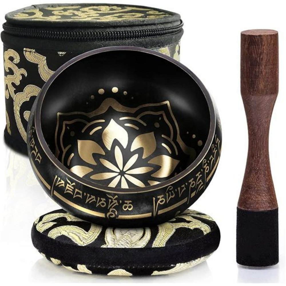 Tibetan Singing Bowl Set ~ Bliss Pattern ~ Black Bowl with Black Pillow